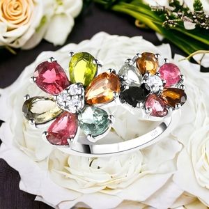 NWT MULTI-TOURMALINE & NATURAL WHITE ZIRCON FLORAL PLATINUM OVER .975 RING SZ 8
